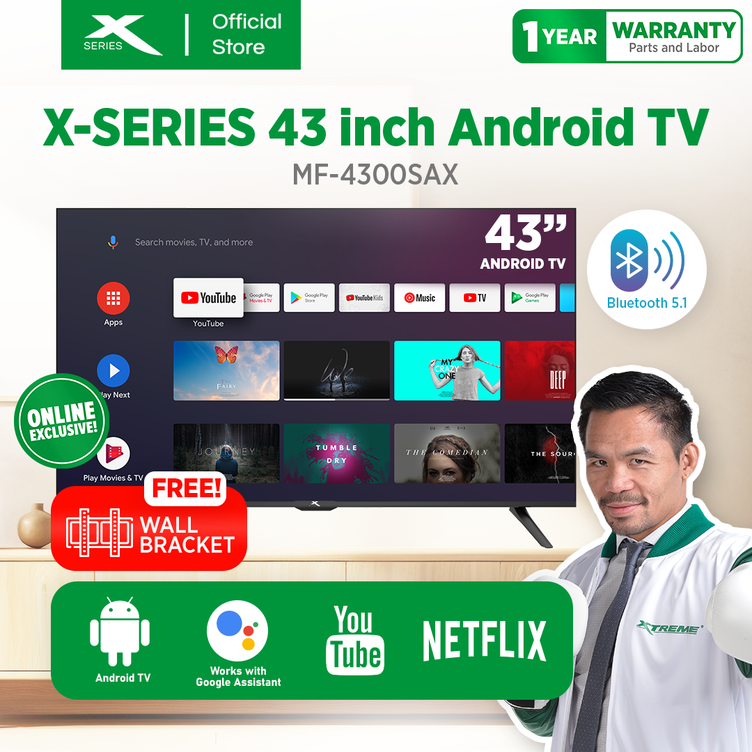 X-SERIES 43 inch Android 11.0 LED TV Full Frameless Wi-Fi Netflix Youtube Google Play Bluetooth Chromecast 2k HD Smart Remote with Voice Control and Free Wall Bracket (Black) [MF-4300SAX]