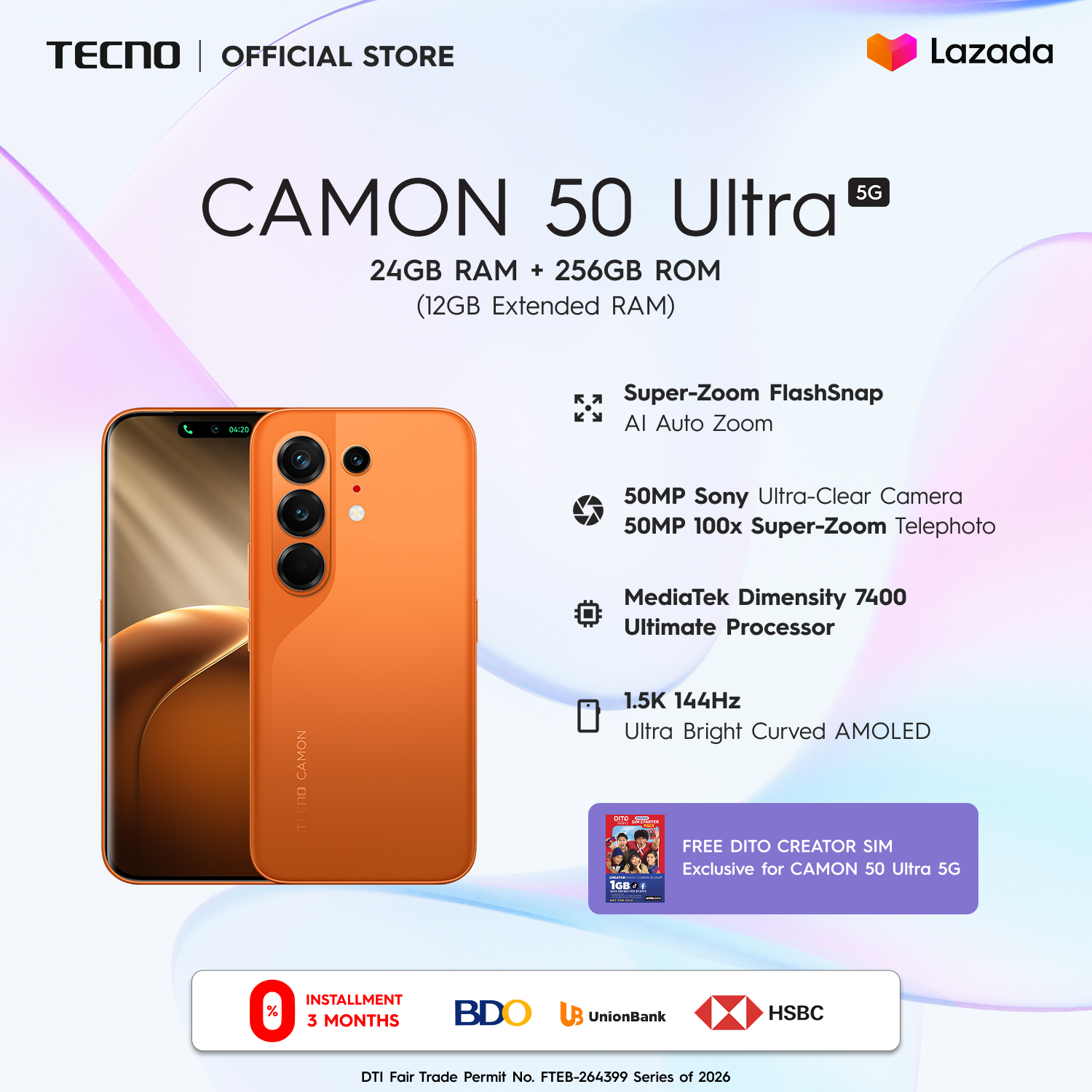 TECNO CAMON 50 Ultra 5G 12+256GB / 50MP SONY (100X ZOOM) Camera / Super-ZOOM FlashSnap / IP69K / 1.5K 144Hz CURVE AMOLED / 60-Day Free Replacement+2-Year Warranty