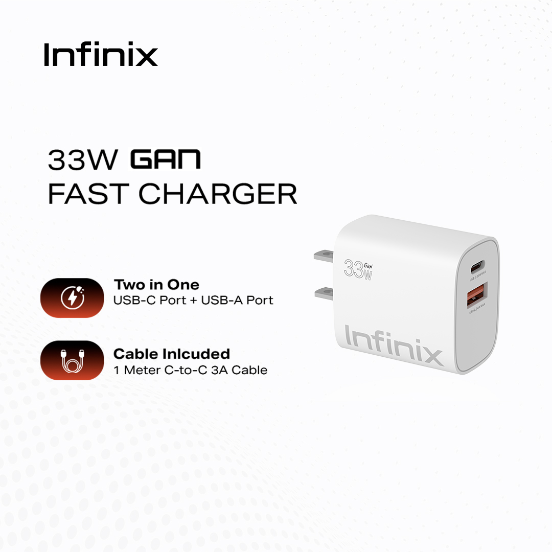 Infinix 33W GaN Fast Charger / Two-in-one USB-C Port + USB-A Port
