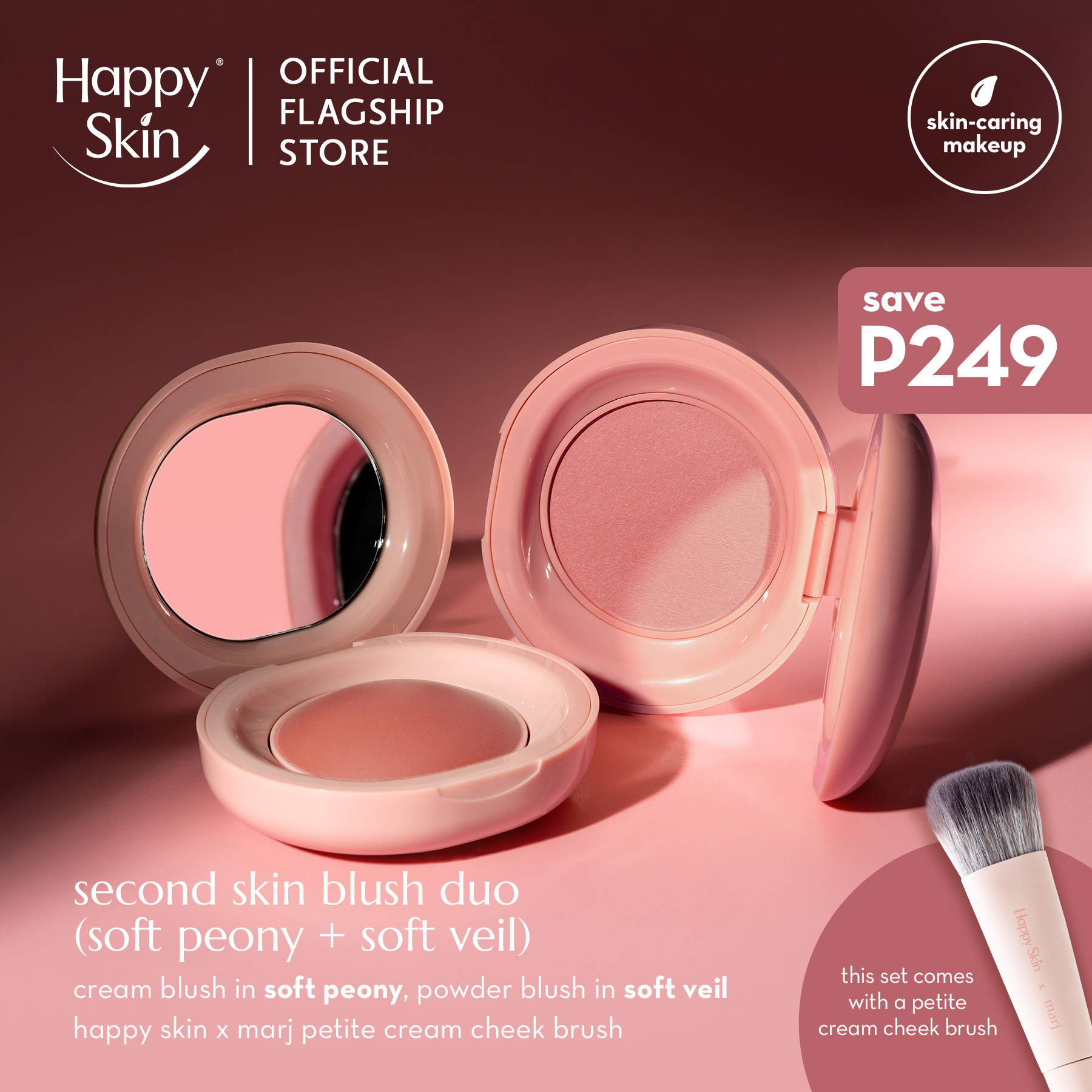 Discount on Happy Skin  shoes - SKU: Happy Skin Second Skin Blush Duo (Soft Peony + Soft Veil (Cream + Powder + Mini Brush)