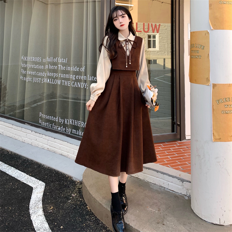 brown korean dress Long Sleeve Shirt Dress Women Vintage Harajuku Aesthetic