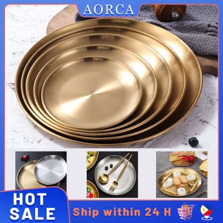 Dinner Plates Gold Dining Plate European Style Dinner Plates Serving Dishes Round Plate Cake Tray Western Steak Stainless Steel Barbecue Plate Golden Dessert Fruit Tray Thickened Disc Korean Barbecue Plate