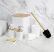 Bamboo Bathroom Set: Brush, Cup, Bin, Tray, Dispenser