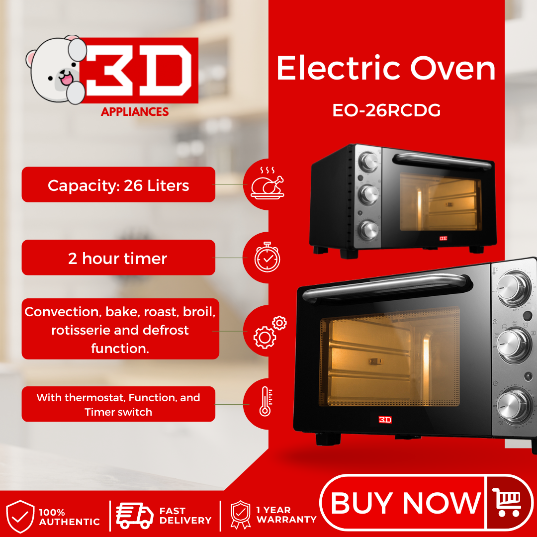 3D EO-26RCDG Multifunctional Electric Oven 26L with Convection, Bake, Roast, Broil, Rotisserie and Defrost Function - Brand 3D Presyo 5,399 Piso*Libreng Shipping