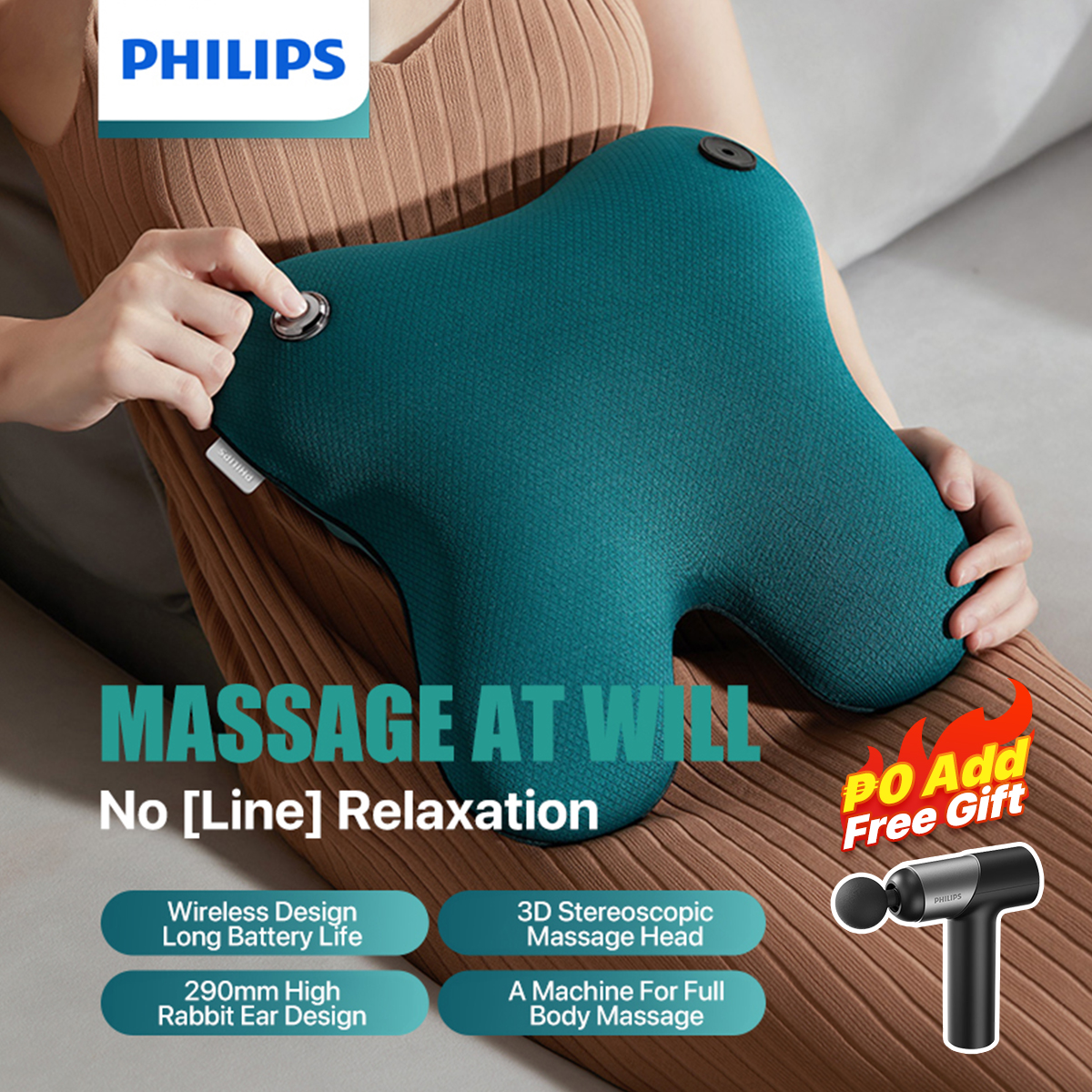 Philips Back Massage Wireless Massager 42℃ Hot Compress Shoulder Neck Waist Massage Pillow 2000mAh