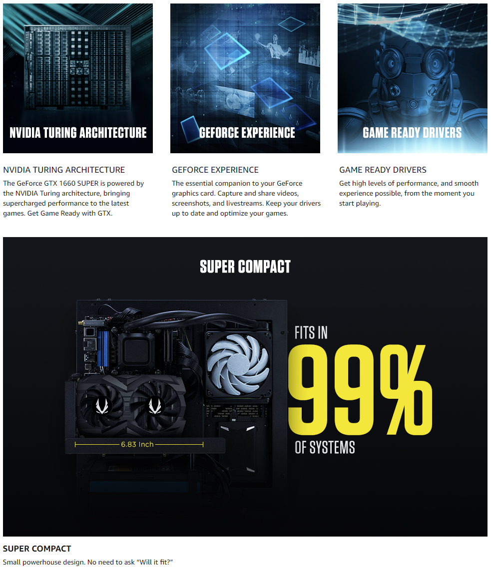 ZOTAC Gaming GeForce GTX 1660 Super 6GB GDDR6 192-bit Gaming Graphics Card, Super Compact, ZT-T16620F-10L
