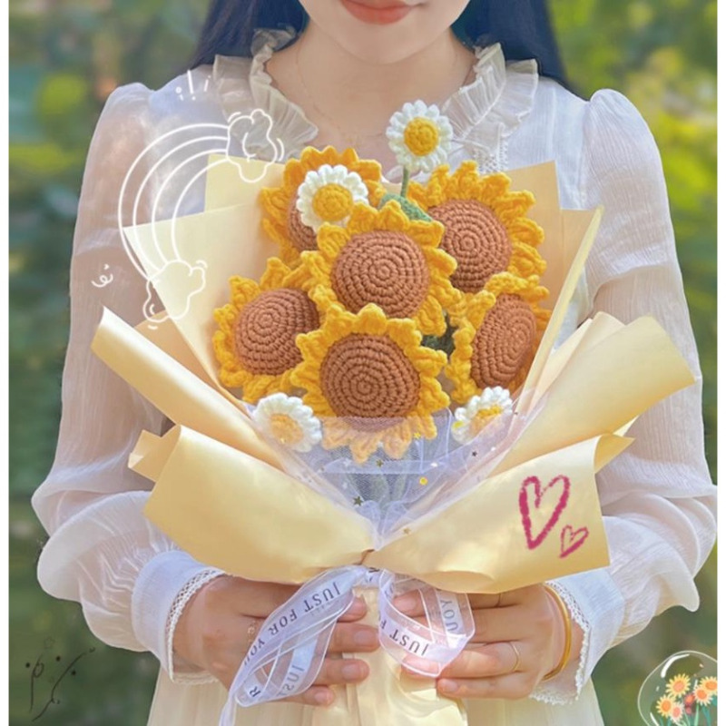 Handmade Knitted Artificial Flowers Finished Sunflower Daisy Rose Tulip  Fake Simulation Flower Bouquet Home Wedding Decoration