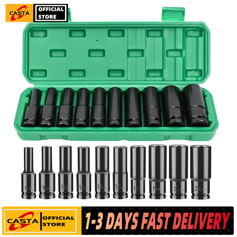 1/2-Inch Drive Metric Deep Impact Socket Set 8-24mm Hexagon 78mm Length Mechanical Workshop Tool Hexs High Carbon Steel Electric Spanner