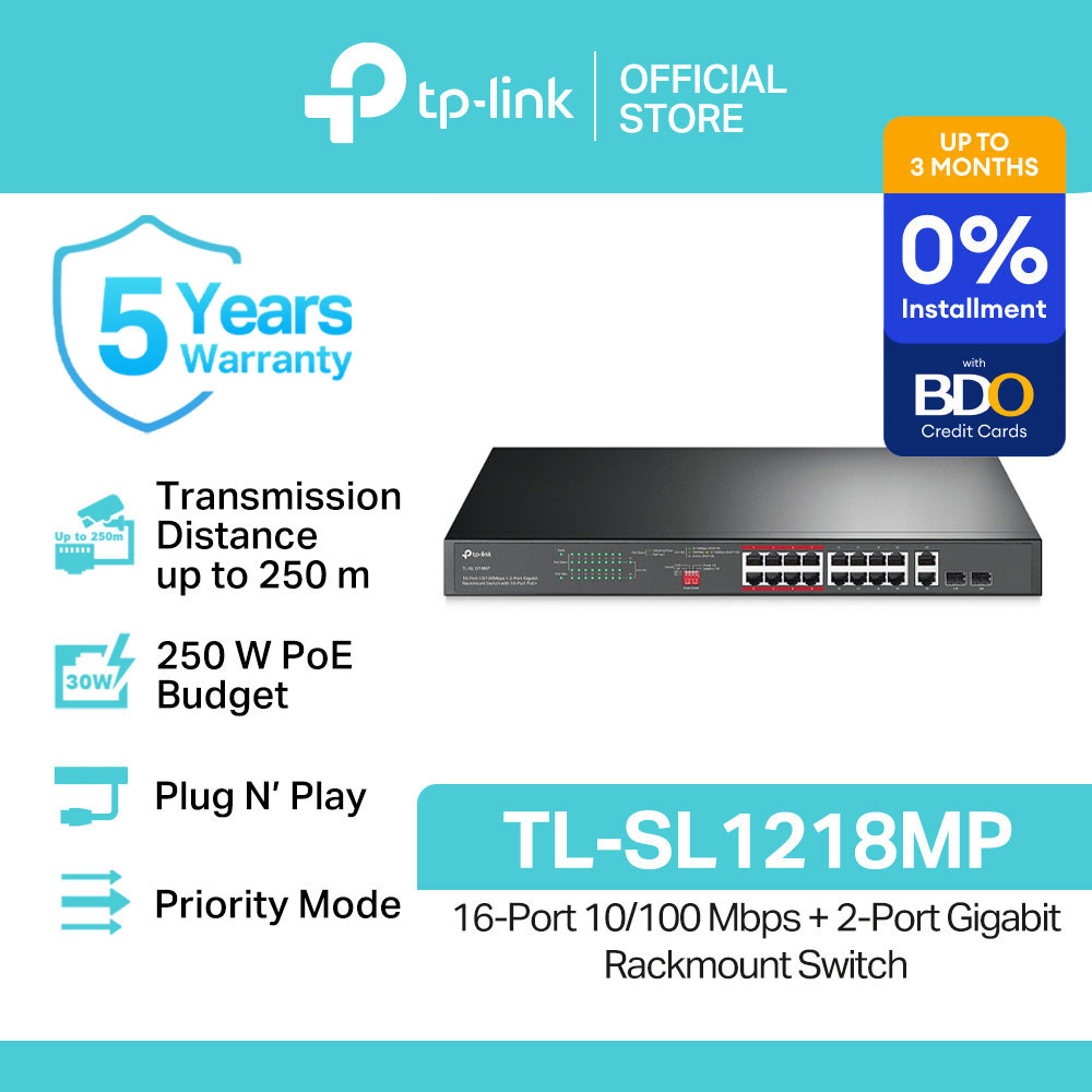 TP-Link Official Store / TL-SL1218MP / 10/100 Mbps 16-Port 2-Port Gigabit Rackmount Switch with 16-Port PoE+ Desktop Network Ethernet Switch Hub for Internet