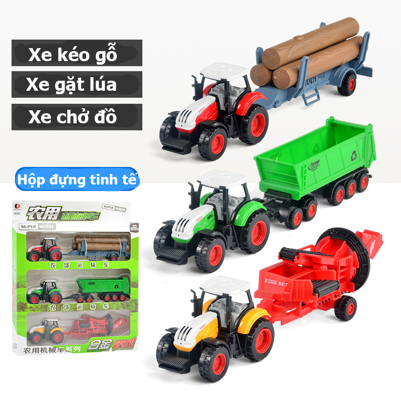 Bộ 3 xe kéo nông trại cho bé gồm xe kéo gỗ, gặt lúa