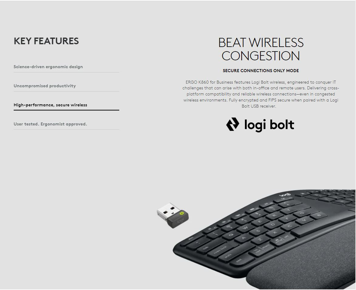 Logitech Ergo K860 Split Wireless Keyboard for Business - Ergonomic Design,  Secured Logi Bolt Technology, Bluetooth, Globally Certified,  Windows/Mac/Chrome/Linux - Graphite 
