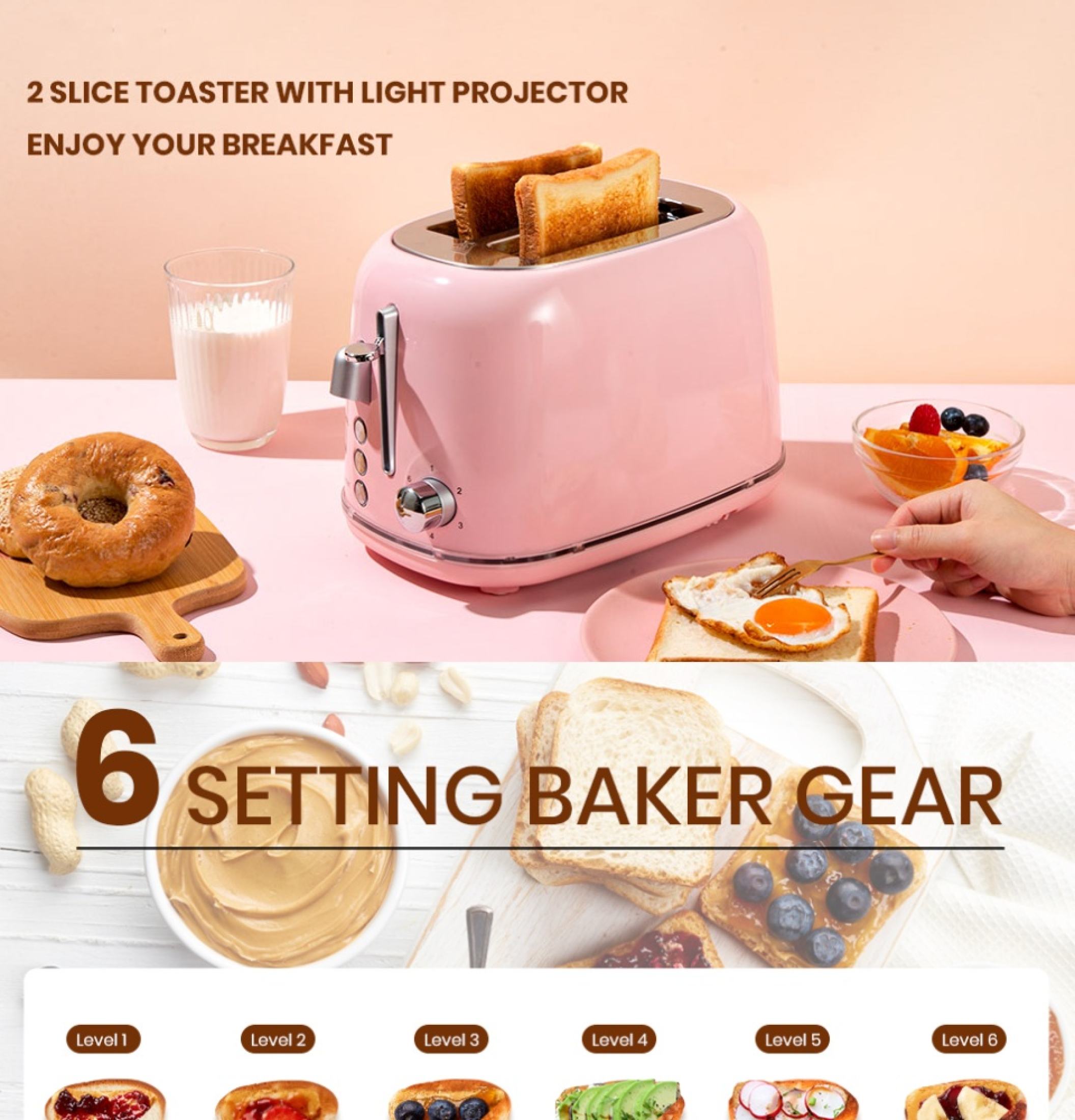Toaster 2 Slice, Projection Stainless Steel Toasters with Bagel
