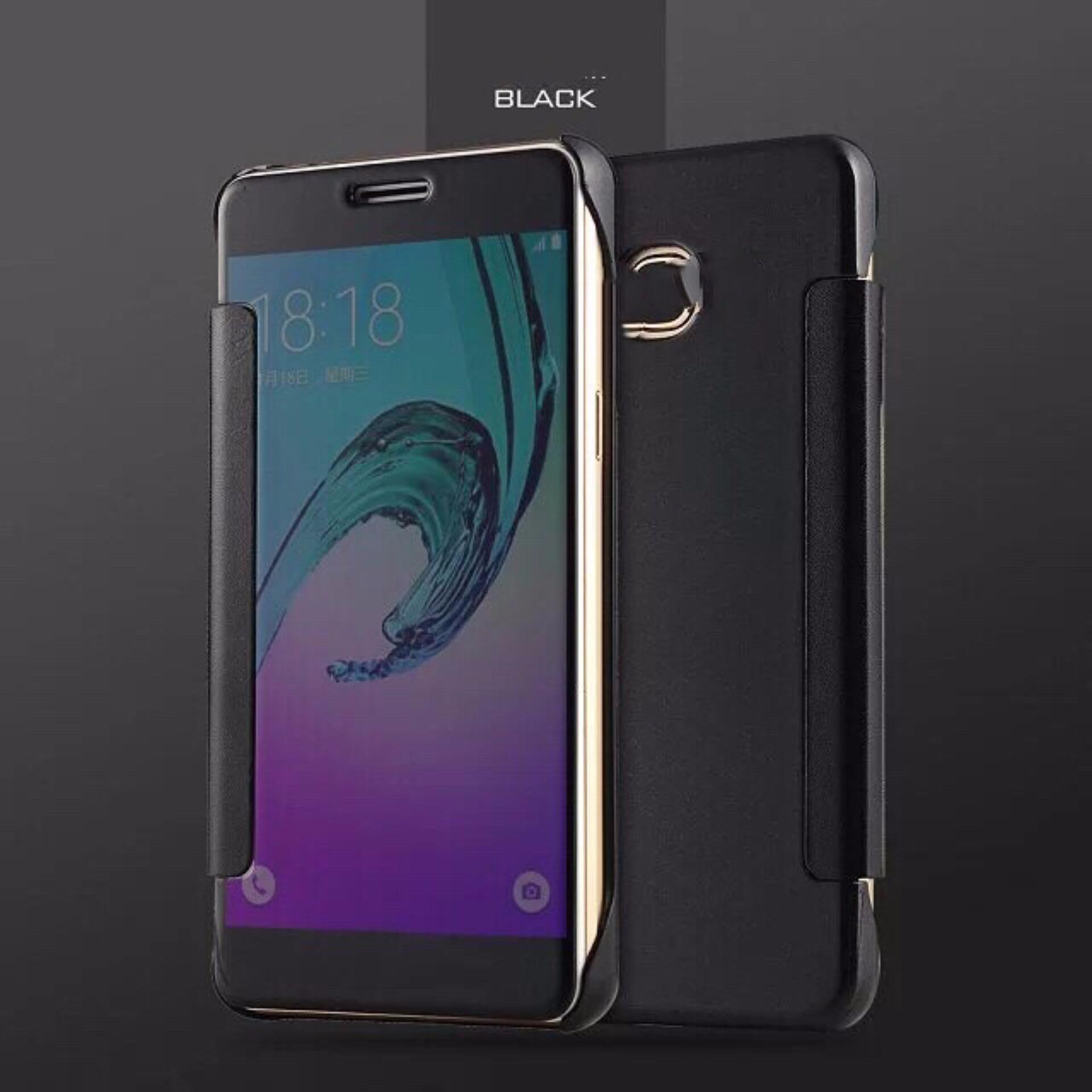 New Double View Plated Mirror Holster Flip Phone Case Mirror Case Mirror Dormancy Holster Hard case Flip cover for Samsung J7 Pro black