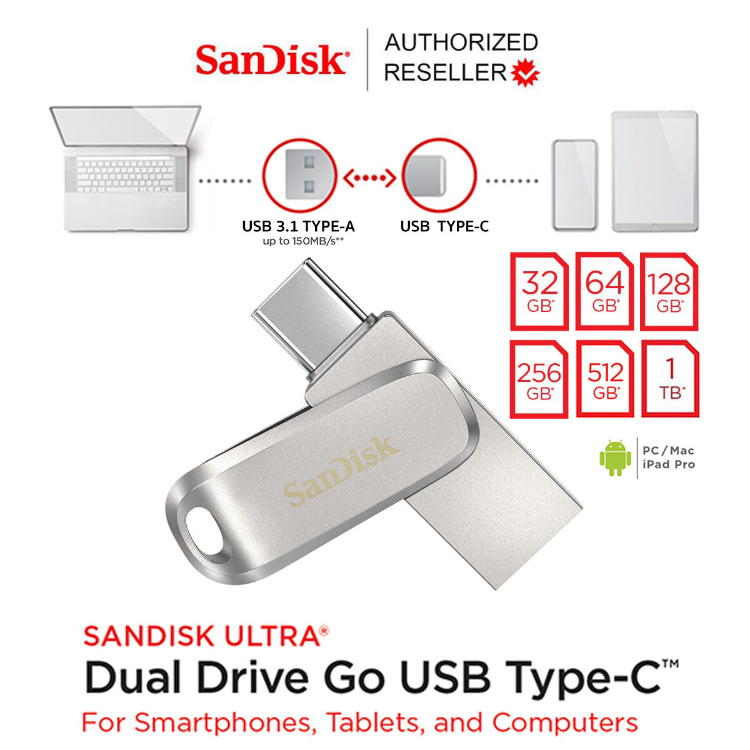 เกี่ยวกับสินค้า SanDisk Ultra® Dual Drive Luxe USB Type-C 32GB (SDDDC4-032G-G46) แฟลชไดรฟ์ ไดร์ฟ OTG สำหรับ โทรศัพท์ แท็บเล็ต Tablet iPad Pro รับประกัน Synnex 5ปี