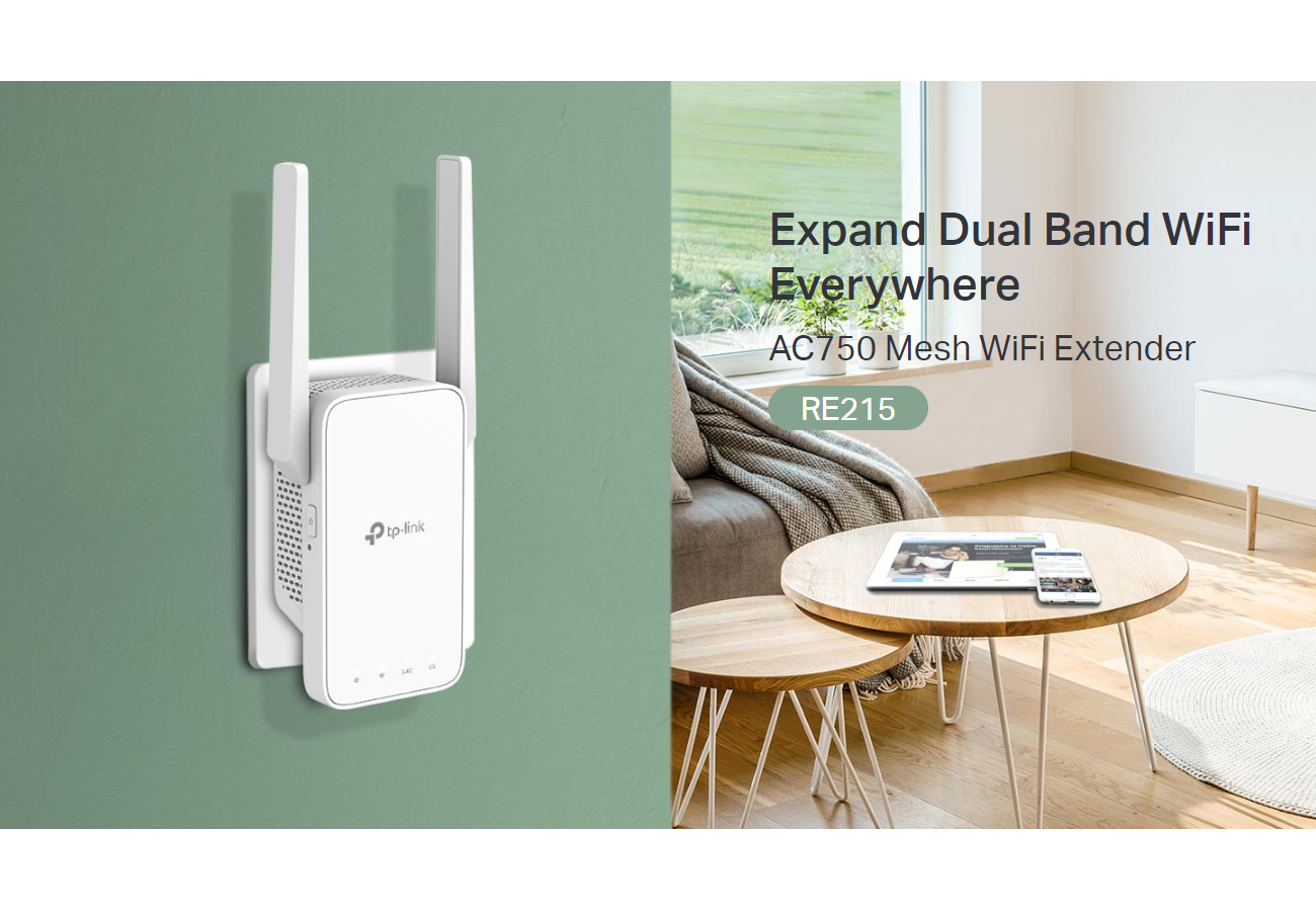 TP-Link RE215 Wireless Dual Band Mesh Wi-Fi Extender 433Mbps 5GHz / 300Mbps  2.4GHz Plug-In Wifi Repeater Router with MIMO Built-In Access Point TP