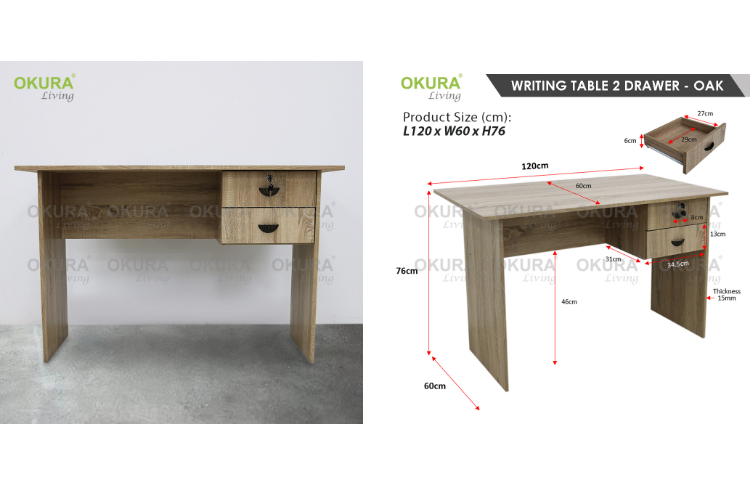 OKURA 4ft Home Office Table Writing Desk with 2 Drawers Storage