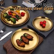 Yo-Fun Eco-Friendly Stainless Steel Gold Dinner Plates, Round Tray