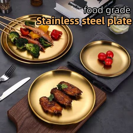 Yo-Fun Eco-Friendly Stainless Steel Gold Dinner Plates, Round Tray