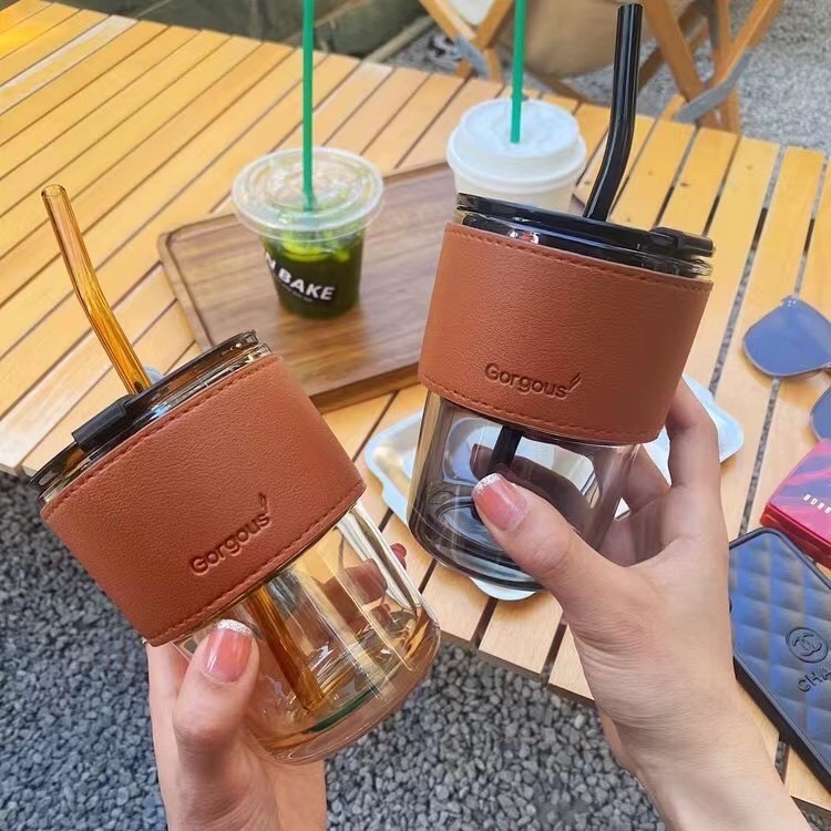 1pc Amber Color Glass Cup With Silicone Sleeve & Straw