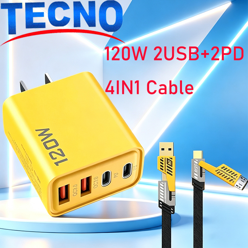 Tecno Charger 120W 2USB+2PD Fast Charger 65W 4IN1 Micro USB+Type-C Cable Set For Android Charger