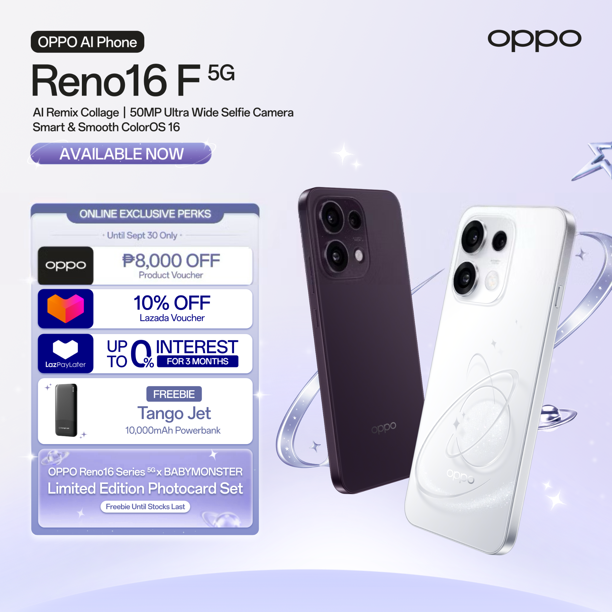 [NOW AVAILABLE] OPPO Reno16 F 5G 16GB(8+8) + 128/256GB / AI Remix Collage / 50MP Ultra Wide Selfie Camera / ColorOS 16