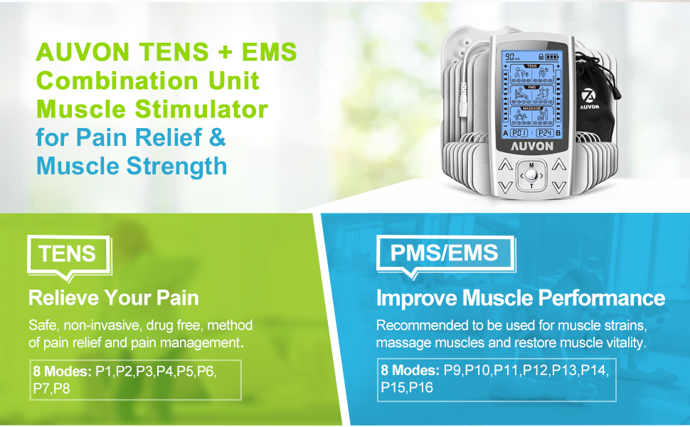 AUVON Rechargeable TENS & PMS Unit, 2 Output With 24 Modes, 20 Level  Intensity.