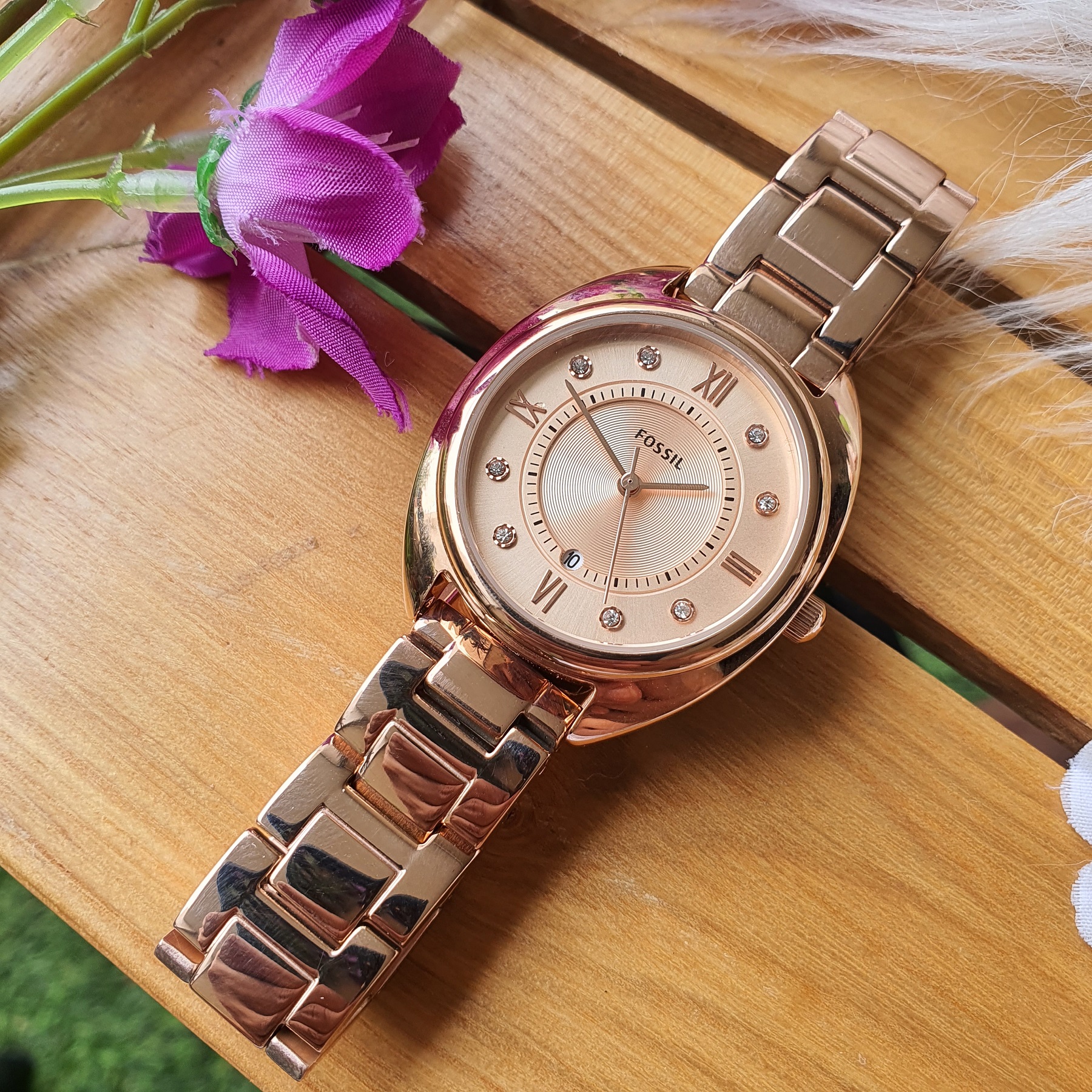 Original Fossil Gabby Three-Hand Date Rose Gold-Tone Stainless 