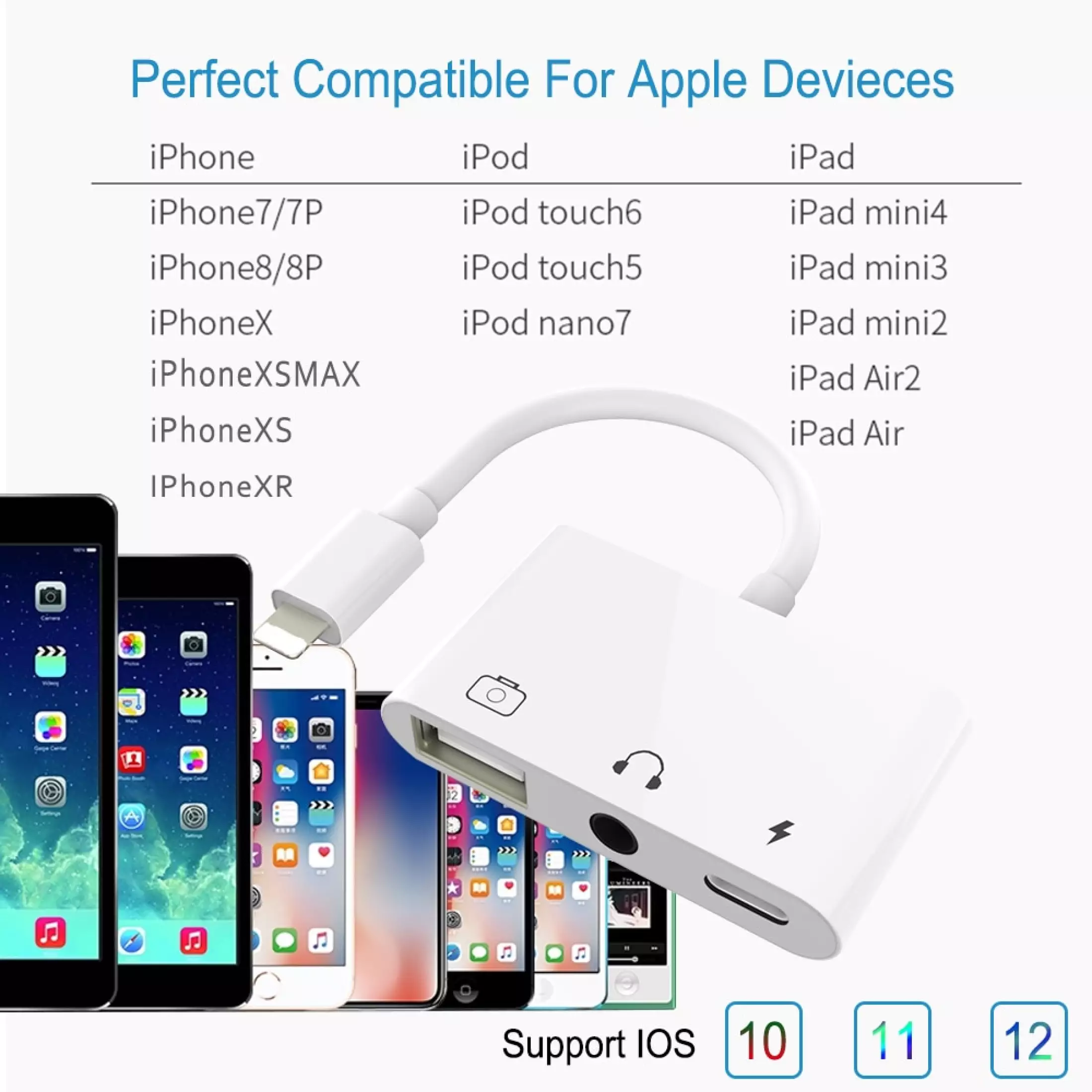 Charging Splitter Compatible with iPhone X 8 7 6,Support Card Reader,MIDI Interface,USB Ethernet Adapter,Hubs USB 3 Camera Adapter,3 in 1 USB Female OTG Adapter with 3.5 mm Headphone Jack 