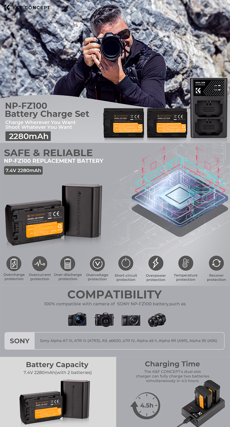 K&F CONCEPT NP-FZ100 Dual Slot Quick Charger, Micro USB and Type-C Dual  Interface, Battery Compatible Sony Alpha A7 III, A7R III (A7R3), A9, a6600,  a7R IV, Alpha a9 II USB Data Cable