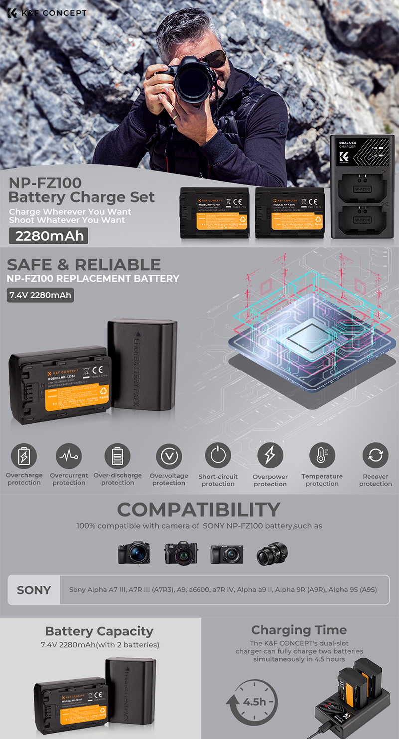 NP-FZ100 battery and dual slot battery charger kit - K&F Concept