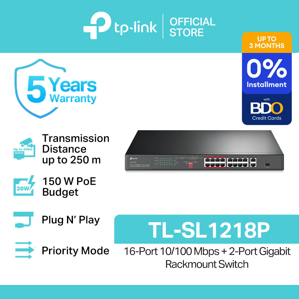 TP-Link Official Store / TL-SL1218P / 10/100 Mbps 16-Port + 2-Port Gigabit Rackmount Switch with 16-Port PoE+ Desktop Network Ethernet Switch Hub for Internet