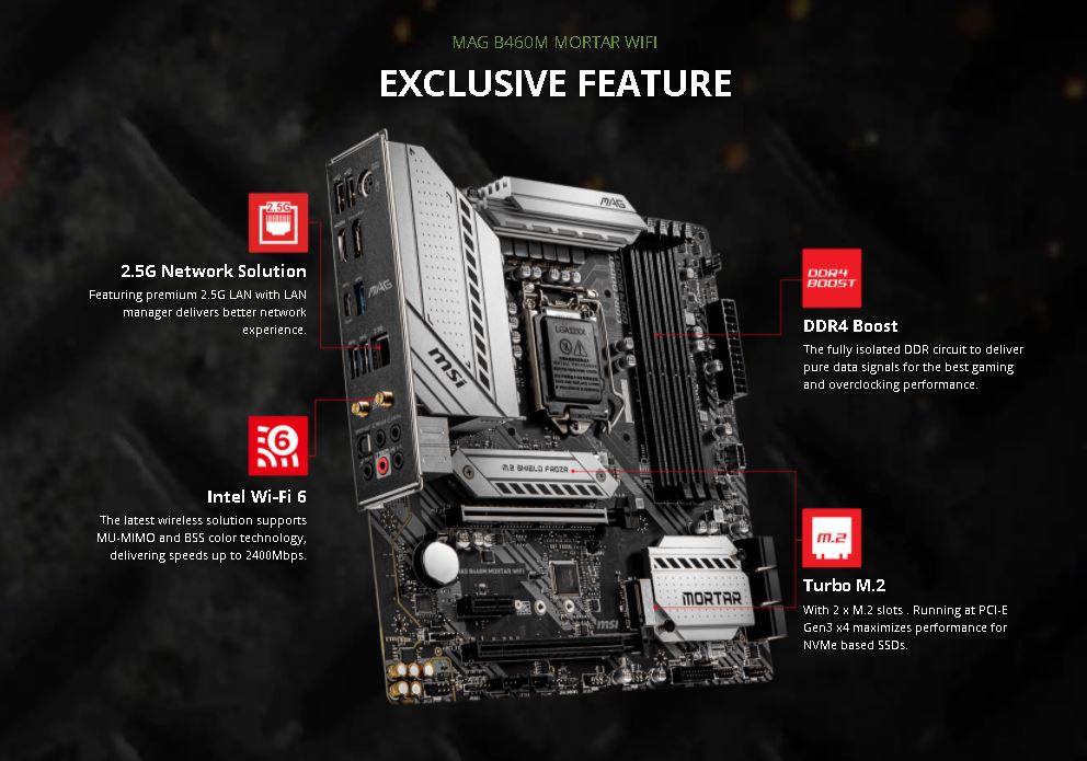 MSI MAG B460m Mortar Wifi LGA 1200 mAtx Motherboard for Intel 10th