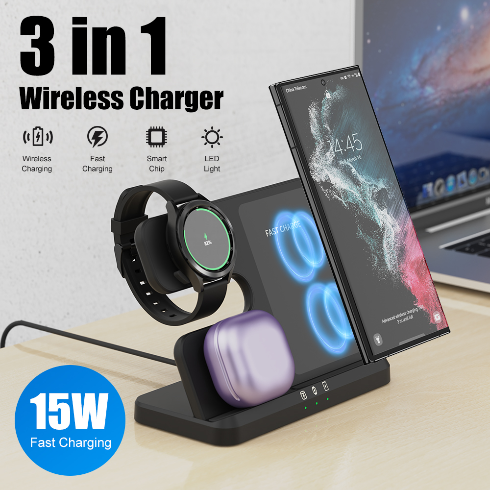 Samsung 3 in 1 Wireless Charger Stand samsung wireless charger for Galaxy Watch 5/4/3/Active 2/1 Compatible with Samsung S24 Ultra S23 S22 Note20 S6 Note10/20 Z Flip 4/3 Z Fold Galaxy Buds Pro Live - Philippines