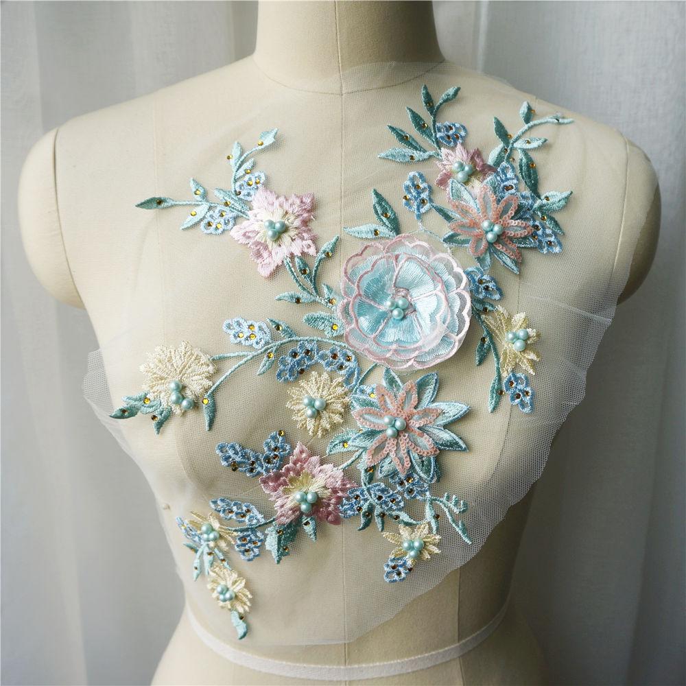 Green Lace Fabric 3d Flowers Appliques Beads Rhinestones Leaves
