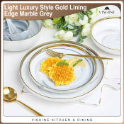 Vishine Light Luxury Style Gold Lining Edge Marble Grey 10inch Steak Plate Dinner Plate 8-inch Salad Plate European-Style Ceramic Tableware