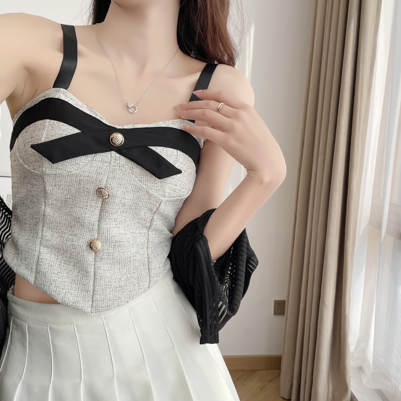 Small fragrant style bow short camisole to wear irregular fishbone tube top#2215