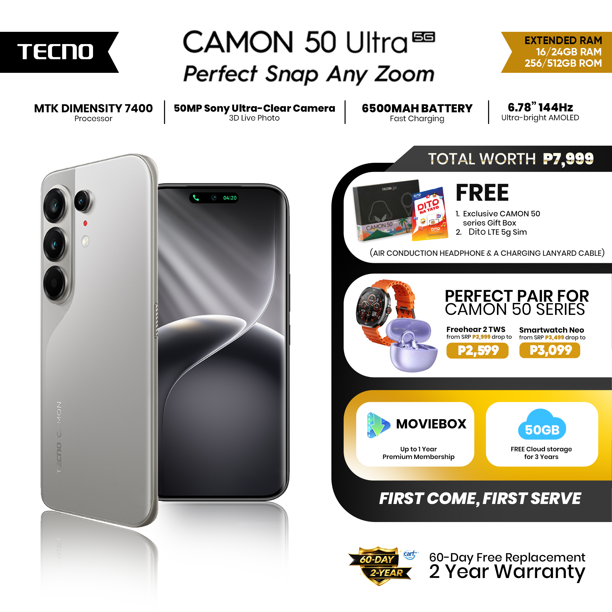 TECNO Camon 50 Ultra 5G (12+512GB / 12+256GB / 8+256GB) / 50MP Sony Camera / 6.78” 144Hz Curved AMOLED / Dimensity 7400 / 6500mAh 45W Fast Charge / AI Smartphone - Image 2