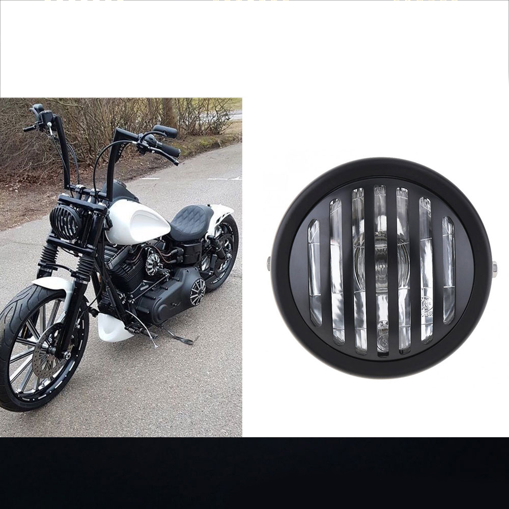 E&M 5.75inch Motorcycle Grill Headlight Black Metal Retro 35W