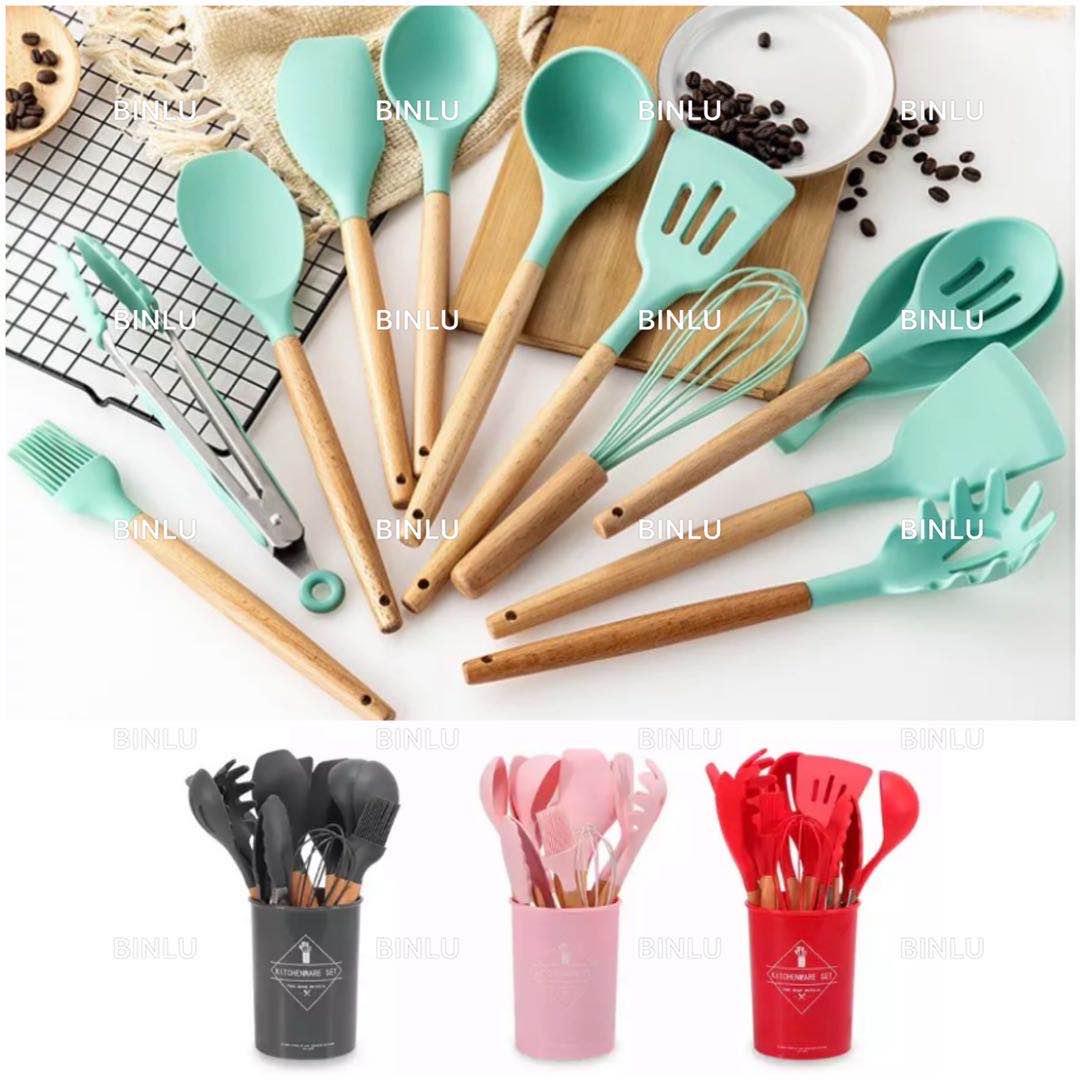Silicone Kitchen Utensil Set 11pcs Natural Acacia Wooden Utensils