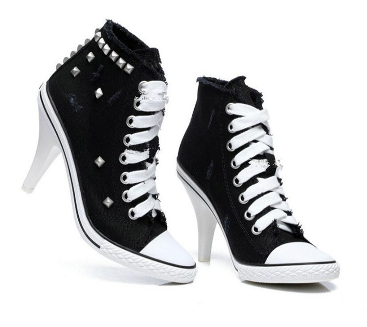 Women Canvas Shoes Denim High Heels Rivets Shoes Fashion Shoe Laces Sneakers Women Short Women s Pumps black blue Lazada PH