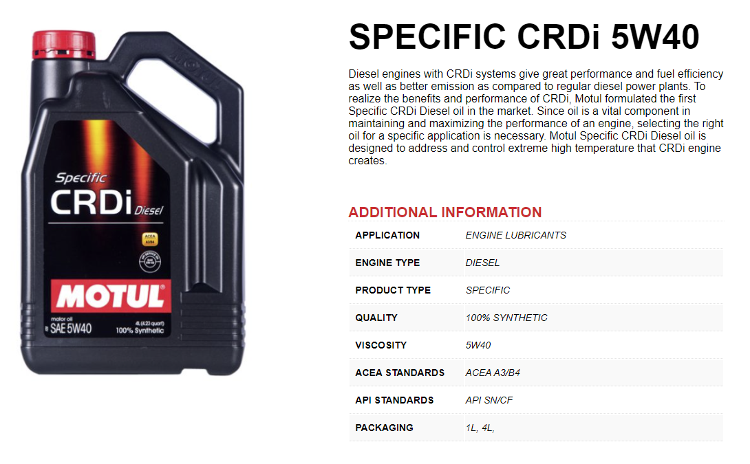Motul Specific CRDi 5W40 – Full Synthetic Diesel - Zenith Hub