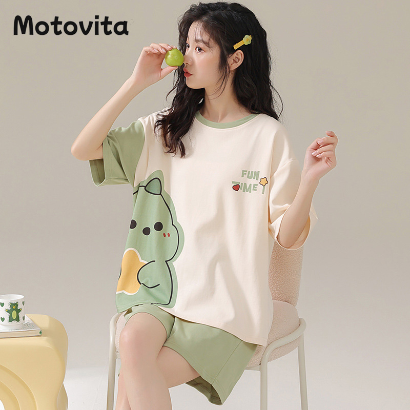 Motovita Cartoon Pajamas Set Cute Printed Casual Wear Cotton Pyjamas 2 Pieces Casual Short-Sleeved Women's Sleepwear