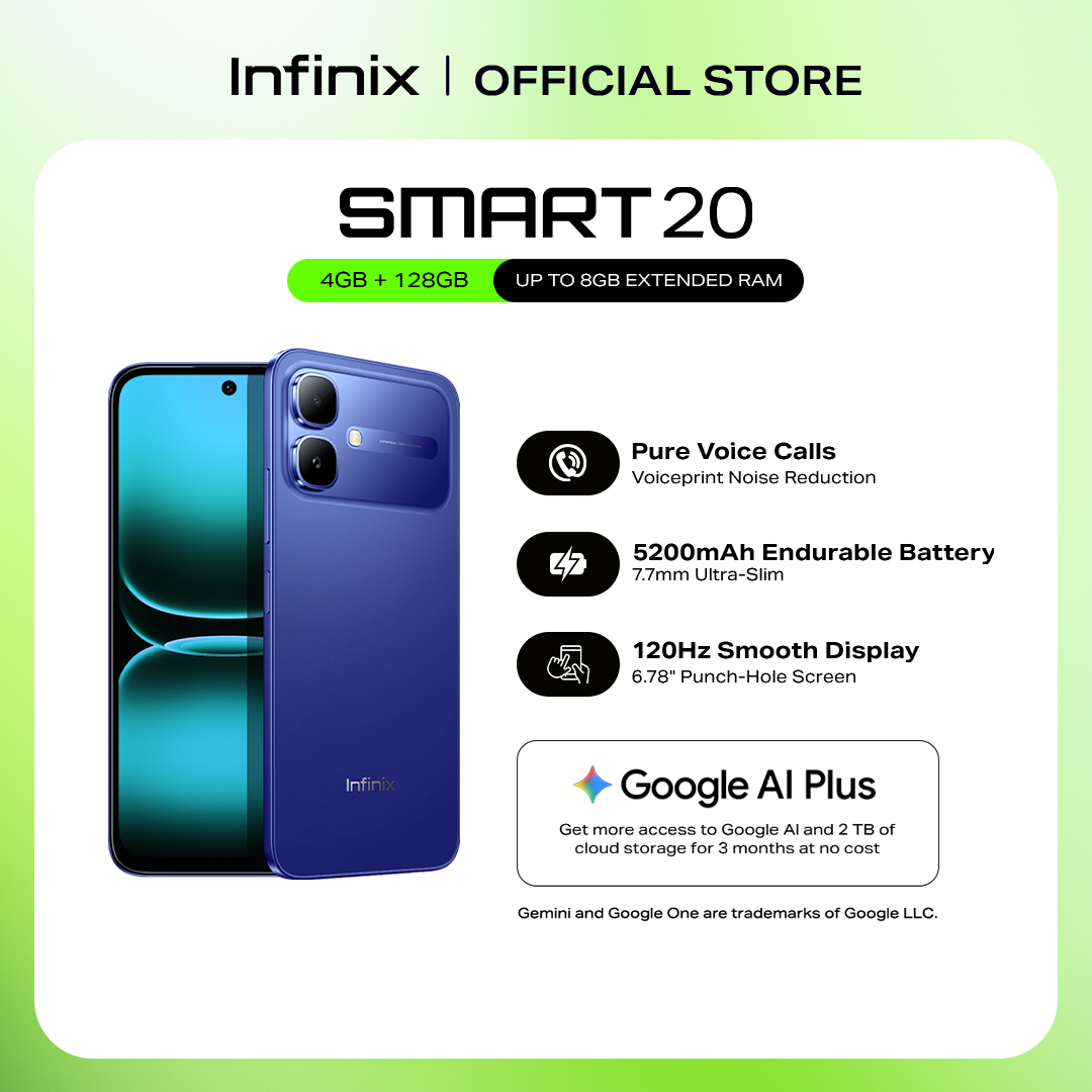 Infinix Smart 20, (up to 8GB [4GB + 128GB] MediaTek Helio G81 Ultimate / Pure Voice Calls - Voiceprint Noise Cancellation / 120Hz Smooth Display / 6.78" Punch-Hole Screen / 7.7 mm Ultra-Slim / 5200 mAh (1 year local warranty)