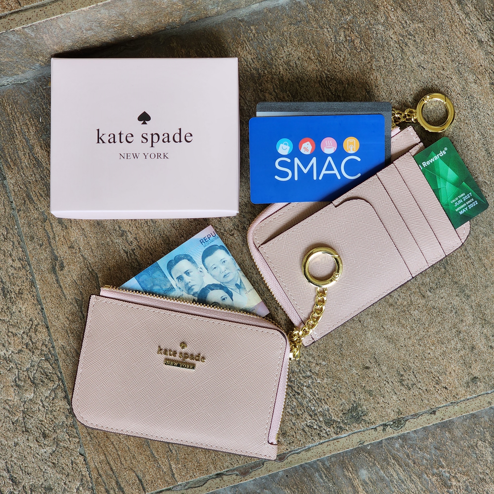 Kate Spade NY Cameron Pink Leather Zip Card Holder Keychain Medium Wallet  NWT