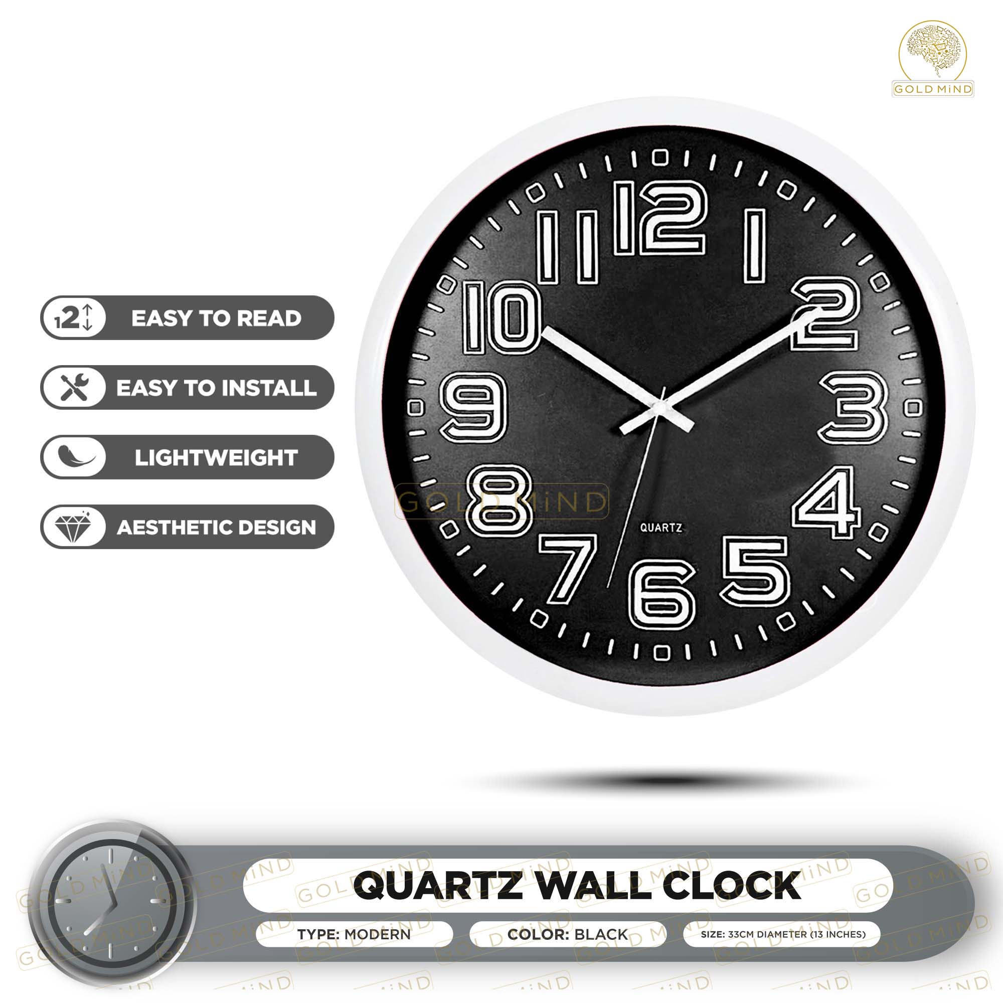 Quartz Wall Clock 33cm Ø (13 inches) Essential Design Gold Mind Everyday  Low Price