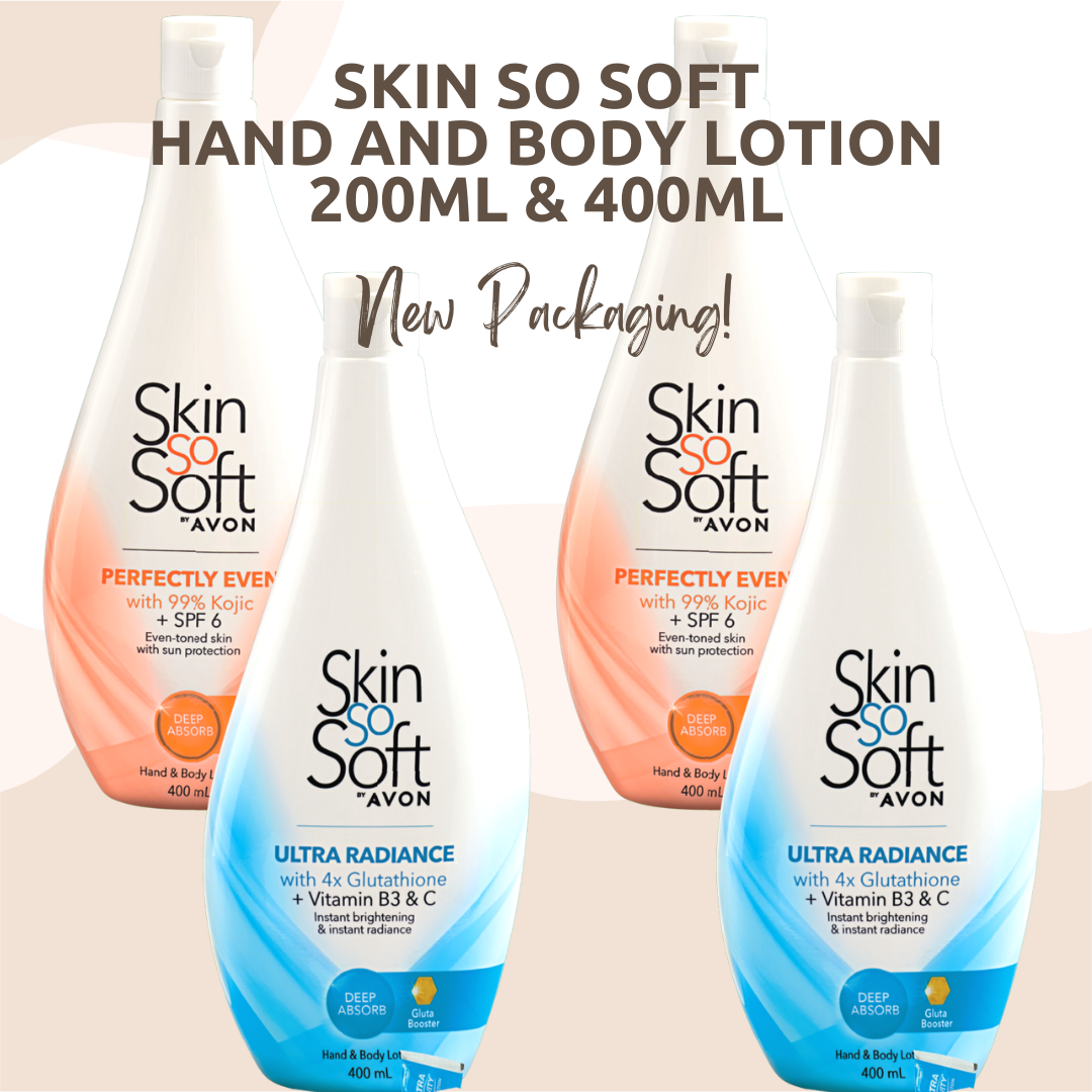 Avon Toiletries ~ NEW PACKAGING! SSS LOTIONS Skin So Soft Whitening Lotion  Ultra Radiance with 4x Glutathione and Perfectly Even Kojic SPF6 250 ml and  400 ml Skin Whitening Lightening Soap - Lazada | Lazada PH