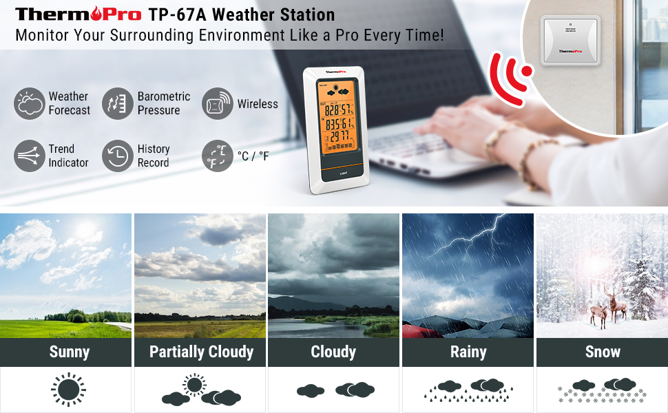 ThermoPro TP67B TP-67B Waterproof Weather Station Wireless Indoor Outdoor  Thermometer Digital Hygrometer Barometer with Cold-Resistant and Waterproof