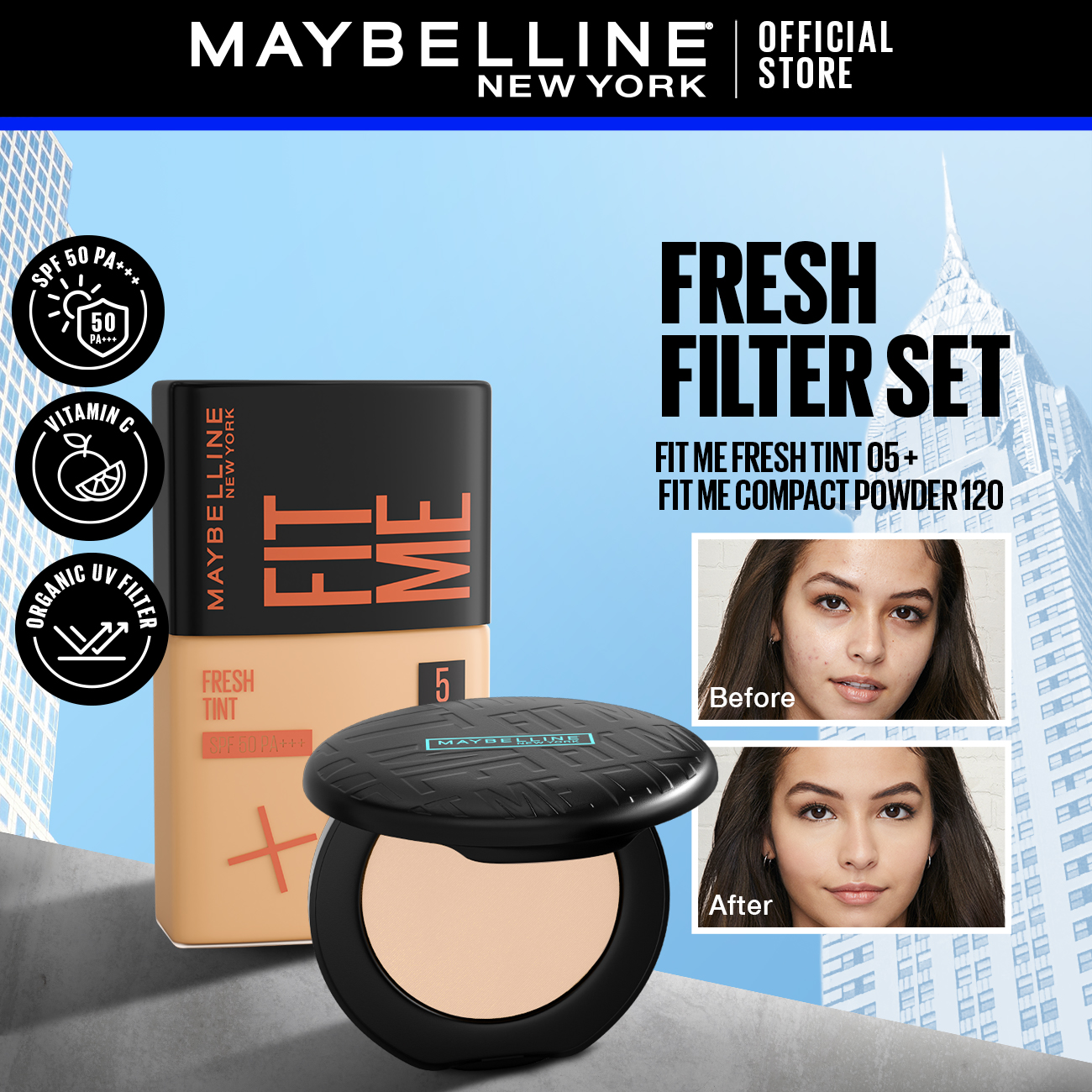 Discount on Maybelline  shoes - SKU: Maybelline Fresh Filter Set Make up - Fit Me Fresh Tint with Vitamin C + Fit Me Compact Powder - Ski