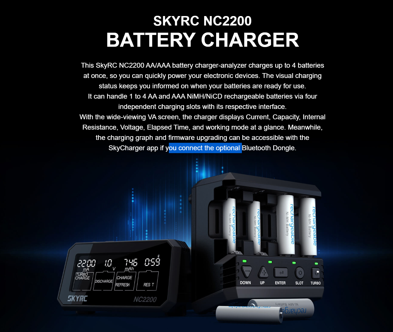 Caricabatterie SkyRC NC2200 Analizzatore Per AA AAA NiMH NiCd – Ricarica 4 Slot Indipendenti Con Schermo VA E Grafici Via App Bluetooth