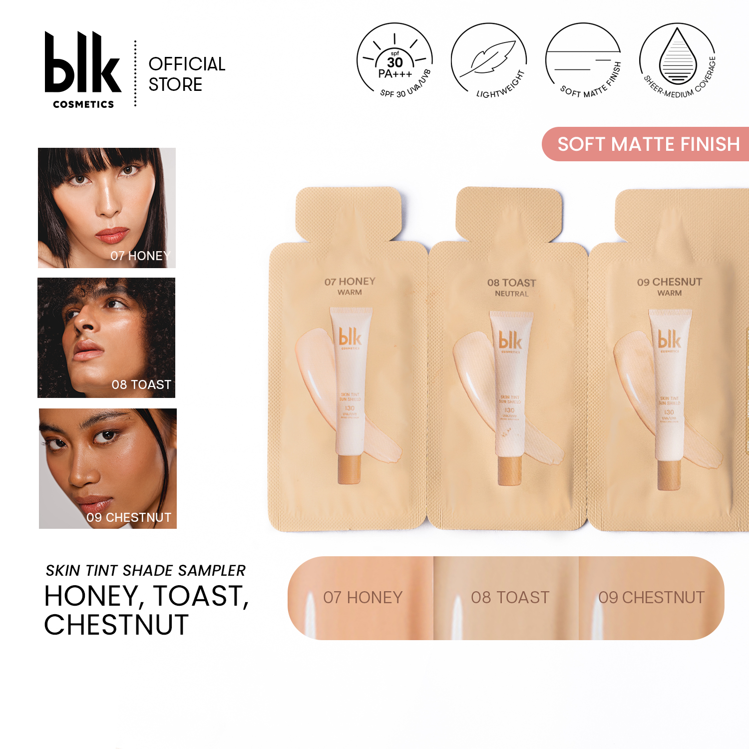 Discount on BLK Cosmetics  shoes - SKU: blk cosmetics universal skin tint spf30 shade sampler deep (07 honey, 08 toast, 09 chestnut)